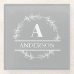 Gray White Wreath Family Name Monogram  Glass Coaster<br><div class="desc">Personalize with your own initial and name.</div>