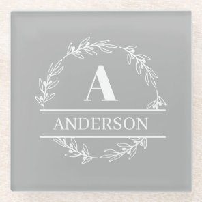 Gray White Wreath Family Name Monogram Glass Coaster
