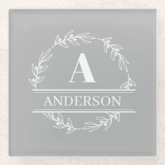Gray White Wreath Family Name Monogram  Glass Coaster
