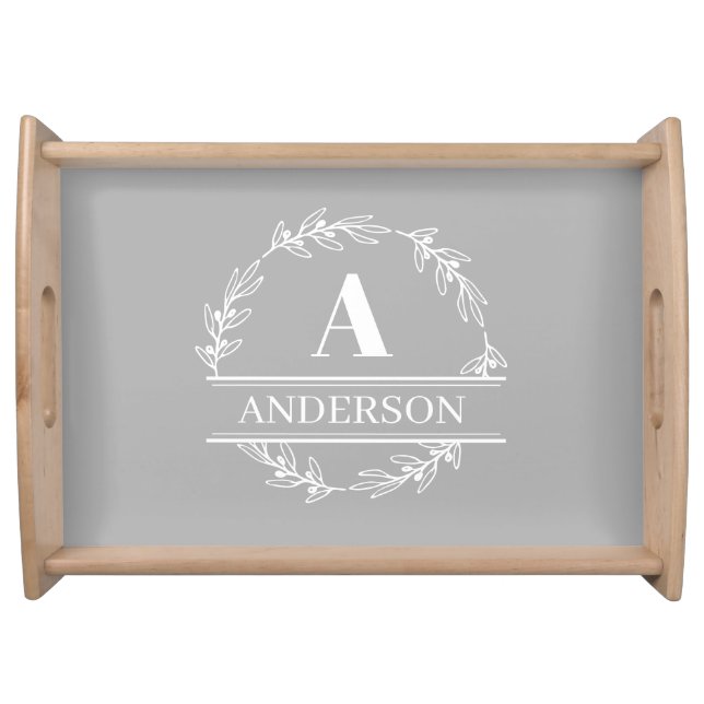 Gray White Wreath Family Name Monogram  Serving Tray (Front)