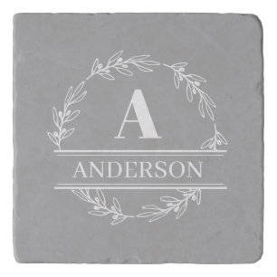 Gray White Wreath Family Name Monogram Trivet