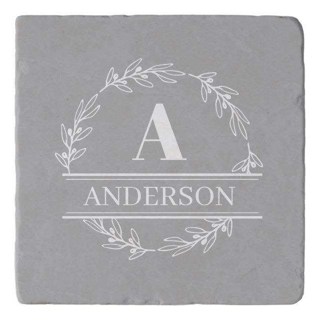 Gray White Wreath Family Name Monogram   Trivet (Front)