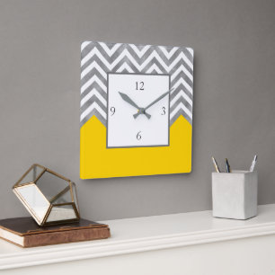 Gray White Yellow Chevron Color Block Square Wall Clock