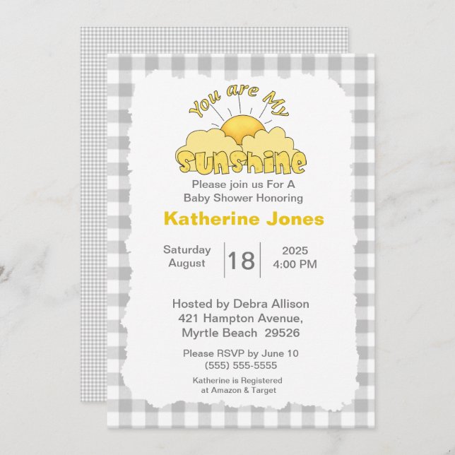 Gray White You Are My Sunshine Baby Shower    Invitation (Front/Back)