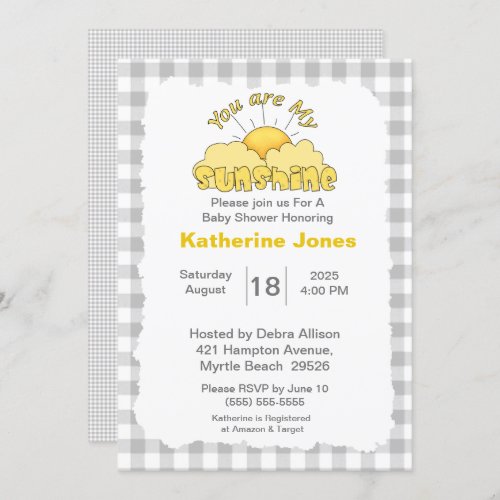 Gray White You Are My Sunshine Baby Shower    Invitation