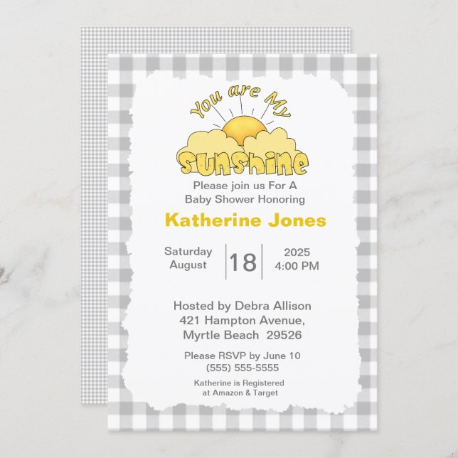 Gray White You Are My Sunshine Baby Shower    Invitation (Front/Back)