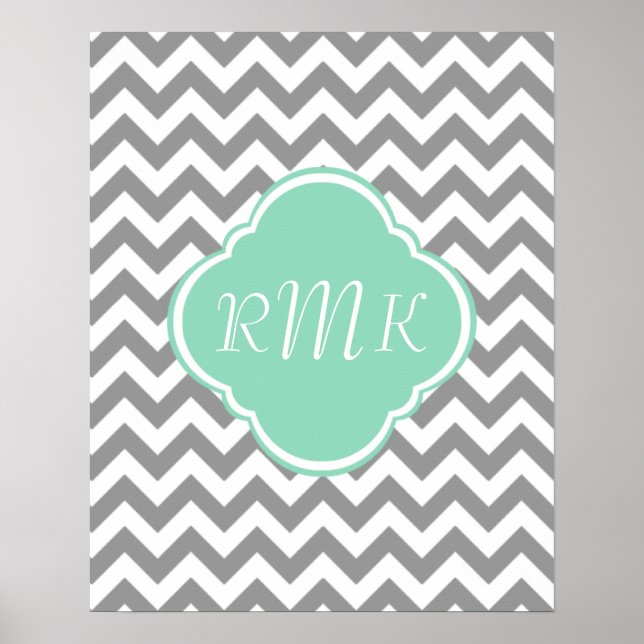 Gray & White Zigzag Custom Monogram Poster (Front)