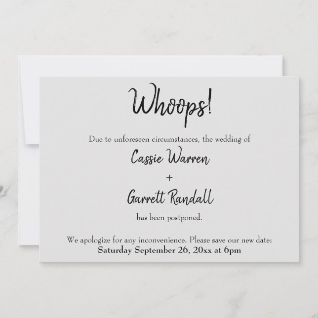 Gray "Whoops!" Postponed Wedding Card (Front)