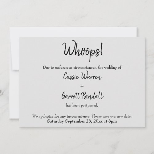 Gray Whoops Postponed Wedding Card