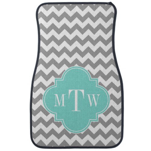 Gray Wht Chevron Aqua Quatrefoil 3 Monogram Car Mat