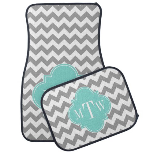 Gray Wht Chevron Aqua Quatrefoil 3 Monogram Car Mat