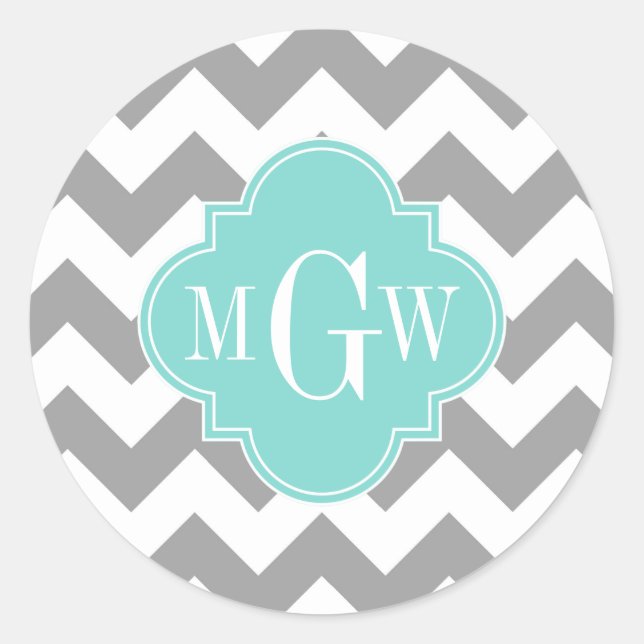 Gray Wht Chevron Aqua Quatrefoil 3 Monogram Classic Round Sticker (Front)