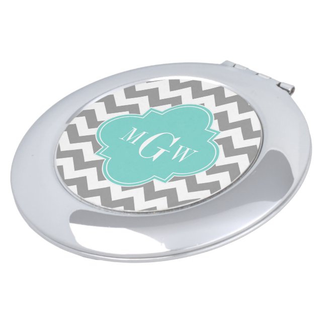 Gray Wht Chevron Aqua Quatrefoil 3 Monogram Compact Mirror (Turned)