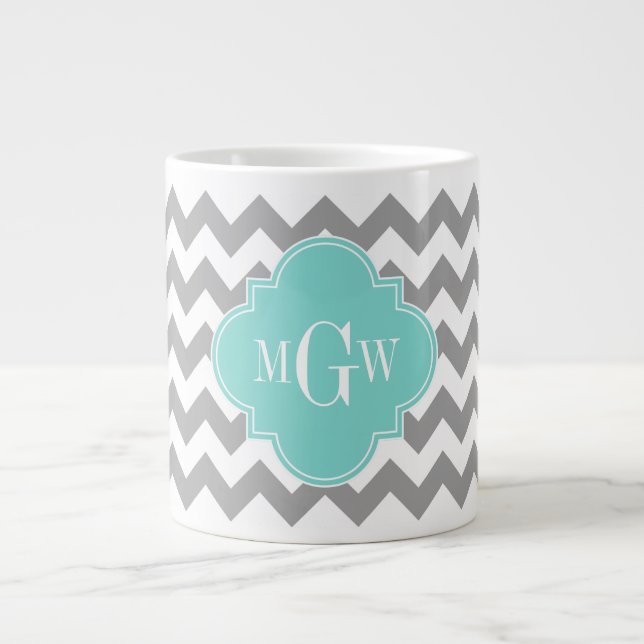 Gray Wht Chevron Aqua Quatrefoil 3 Monogram Giant Coffee Mug (Front)