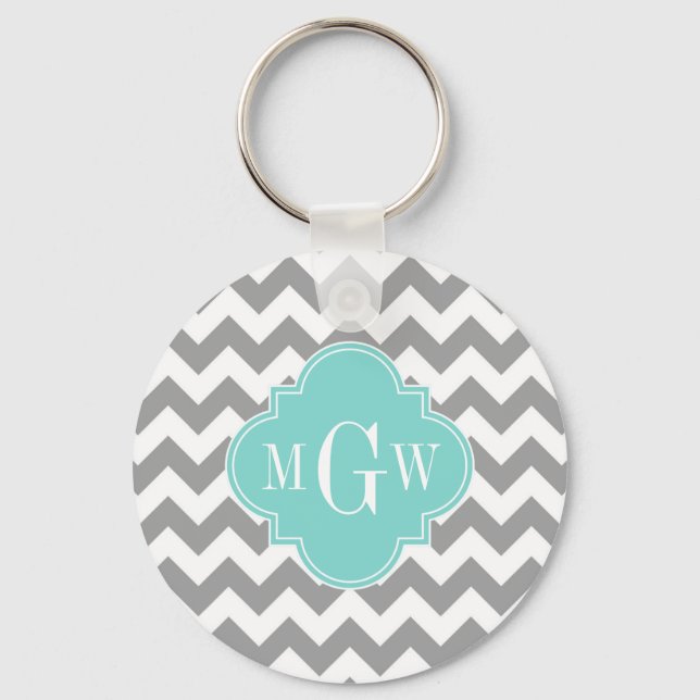 Gray Wht Chevron Aqua Quatrefoil 3 Monogram Keychain (Front)