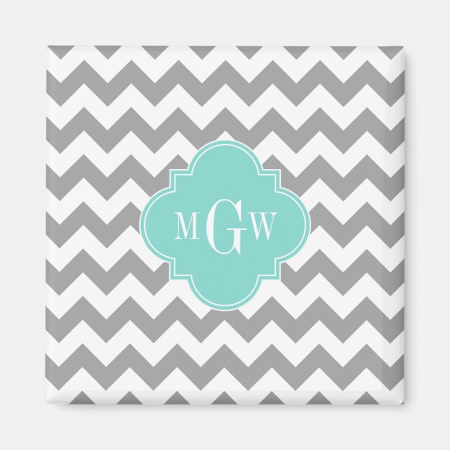Gray Wht Chevron Aqua Quatrefoil 3 Monogram Magnet (Front)