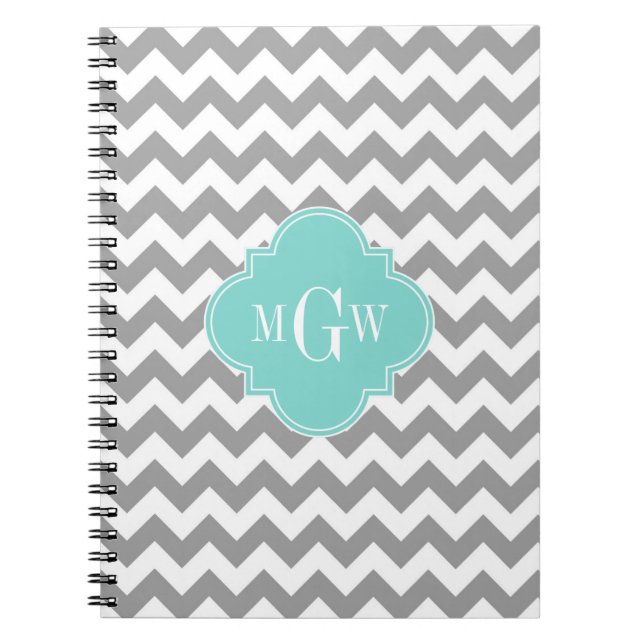 Gray Wht Chevron Aqua Quatrefoil 3 Monogram Notebook (Front)