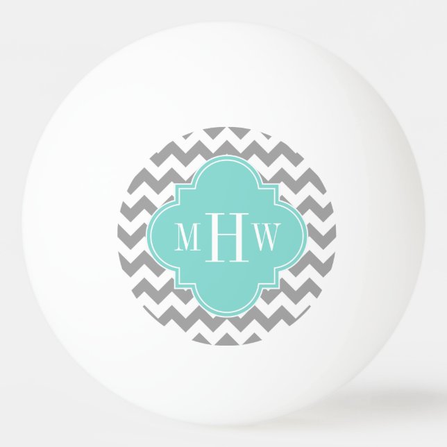 Gray Wht Chevron Aqua Quatrefoil 3 Monogram Ping Pong Ball (Front)