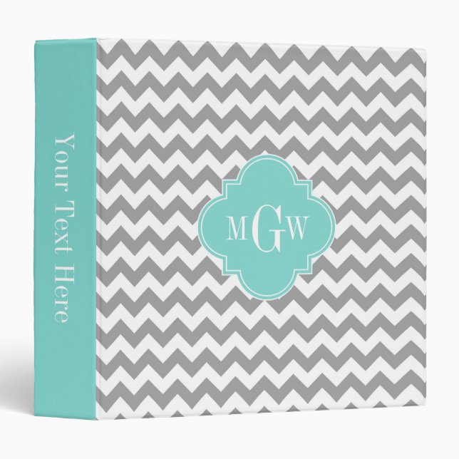Gray Wht Chevron Aqua Quatrefoil 3 Monogram Ring Binder (Front/Spine)