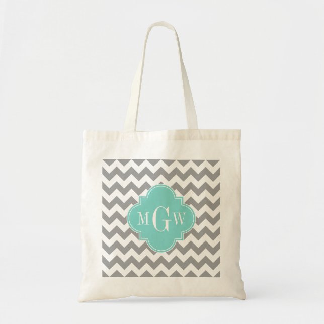 Gray Wht Chevron Aqua Quatrefoil 3 Monogram Tote Bag (Front)