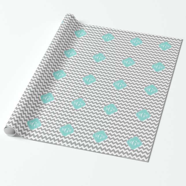 Gray Wht Chevron Aqua Quatrefoil 3 Monogram Wrapping Paper (Unrolled)