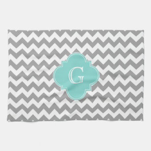 Gray Wht Chevron Aqua Quatrefoil Monogram Kitchen Towel