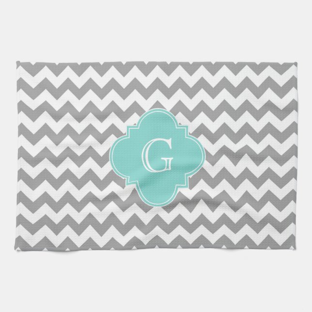 Gray Wht Chevron Aqua Quatrefoil Monogram Kitchen Towel (Horizontal)