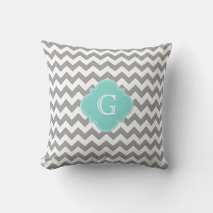Gray Wht Chevron Aqua Quatrefoil Monogram Throw Pillow