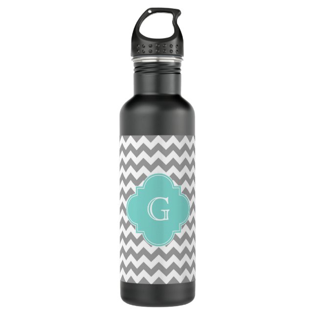 Gray Wht Chevron Aqua Quatrefoil Monogram Water Bottle (Front)