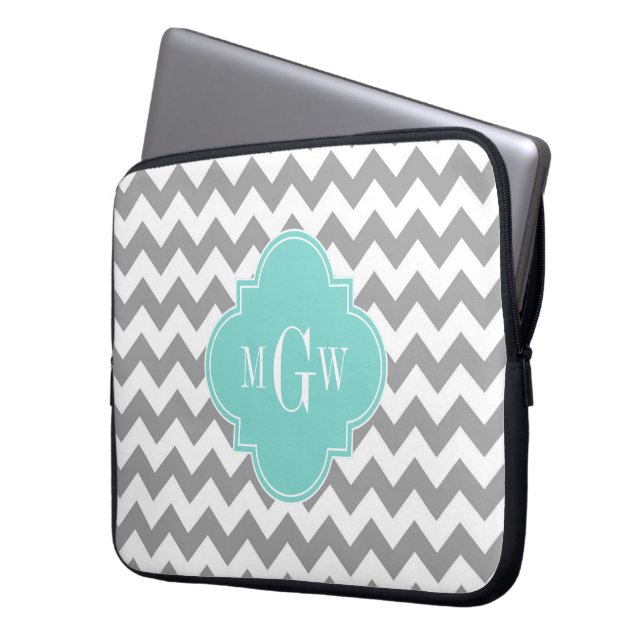 Gray Wht Chevron Aqua Turq Quatrefoil 3 Monogram Laptop Sleeve (Front Left)