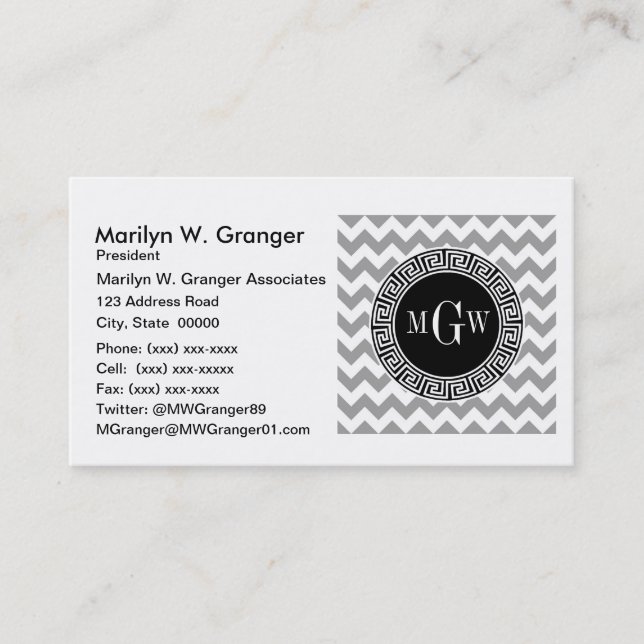 Gray Wht Chevron Black Greek Key 3 Monogram Business Card (Front)