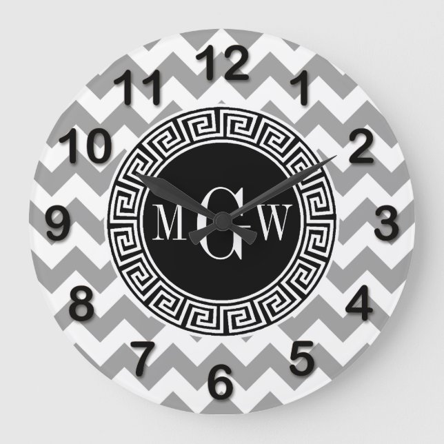 Gray Wht Chevron Black Greek Key 3 Monogram Large Clock (Front)