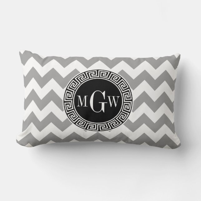 Gray Wht Chevron Black Greek Key 3 Monogram Lumbar Pillow (Front)