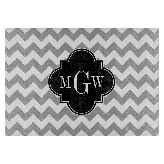 Gray Wht Chevron Black Quatrefoil 3 Monogram Cutting Board (Front)