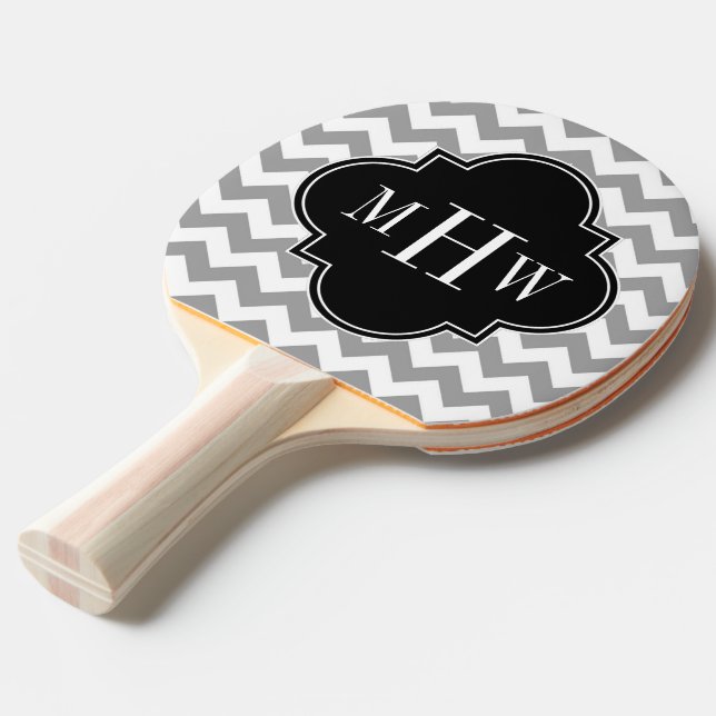 Gray Wht Chevron Black Quatrefoil 3 Monogram Ping-Pong Paddle (Front Angle)