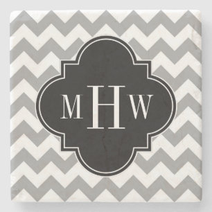 Gray Wht Chevron Black Quatrefoil 3 Monogram Stone Coaster