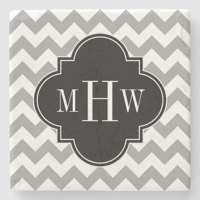 Gray Wht Chevron Black Quatrefoil 3 Monogram Stone Coaster (Front)