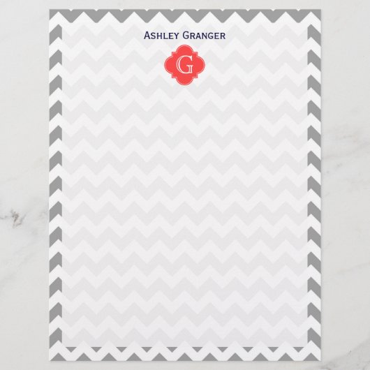 Gray Wht Chevron Coral Red Quatrefoil Monogram (Front)