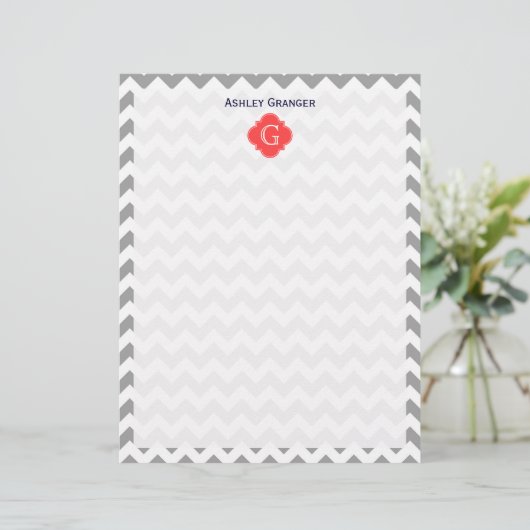 Gray Wht Chevron Coral Red Quatrefoil Monogram (Standing Front)