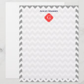 Gray Wht Chevron Coral Red Quatrefoil Monogram (Front/Back)