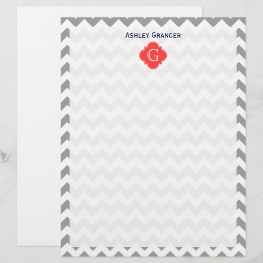 Gray Wht Chevron Coral Red Quatrefoil Monogram (Front/Back)