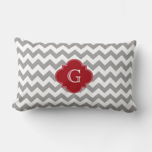 Gray Wht Chevron Cranberry Red Quatrefoil Monogram Lumbar Pillow