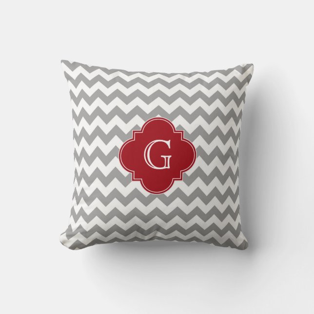 Gray Wht Chevron Cranberry Red Quatrefoil Monogram Throw Pillow (Front)