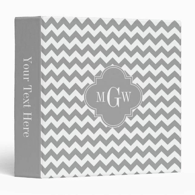 Gray Wht Chevron Dk Gray Quatrefoil 3 Monogram 3 Ring Binder (Front/Spine)