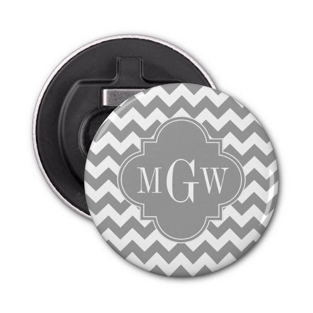 Gray Wht Chevron Dk Gray Quatrefoil 3 Monogram Bottle Opener (Front)
