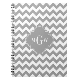 Gray Wht Chevron Dk Gray Quatrefoil 3 Monogram Notebook
