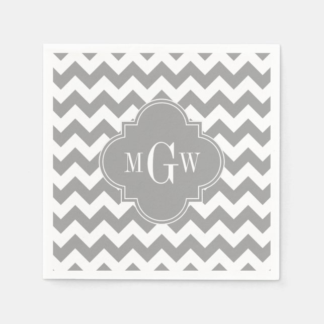 Gray Wht Chevron Dk Gray Quatrefoil 3 Monogram Paper Napkins (Front)