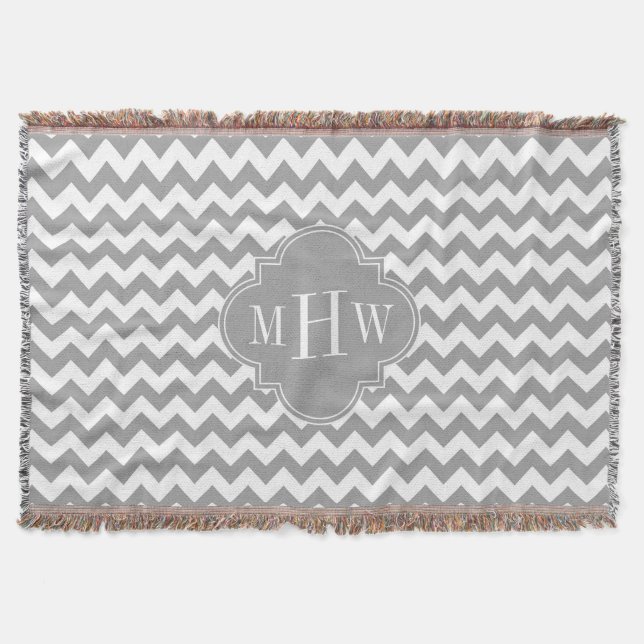 Gray Wht Chevron Dk Gray Quatrefoil 3 Monogram Throw Blanket (Front)
