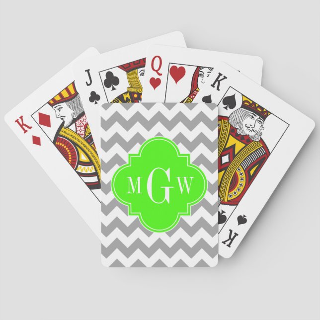 Gray Wht Chevron Lime Quatrefoil 3 Monogram Poker Cards (Back)