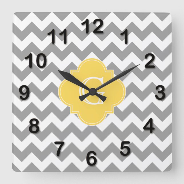 Gray Wht Chevron Mustard Quatrefoil Monogram Square Wall Clock (Front)